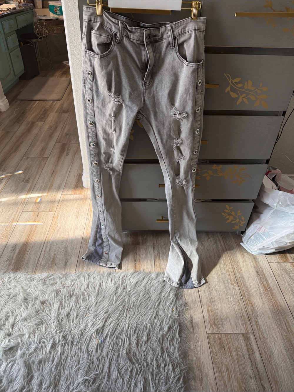 Women's Grey Distressed Flare Jeans with Side Button Detail